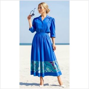 🇨🇦 1980s Suttles & Seawinds Royal Blue Quilted Seascape Skirt & Matching Blouse